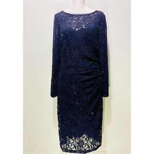 lauren Ralph lauren wrap dress lace sequins blue festive wedding guest women 12